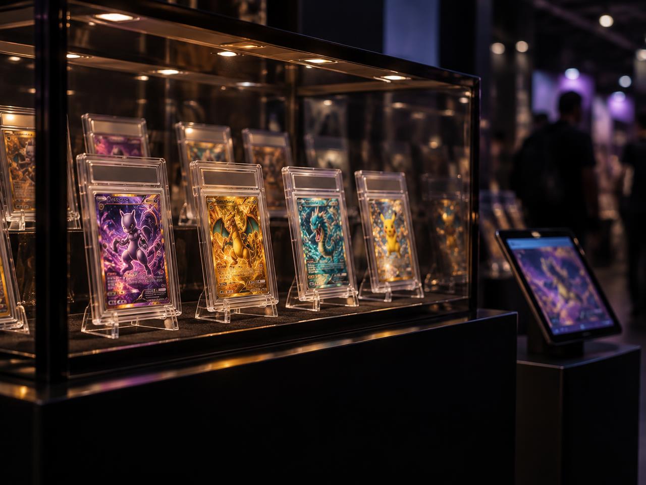 Vitrine met gegradeerde kaarten en een tablet als kiosk